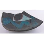 John Kershaw Studio pottery dish, relief abstract design, signed, width 38cm.