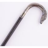 A 19th century continental silver dog's head handled walking stick, continental hallmarks.