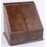 A Victorian burr walnut stationery box, with sloping front and fitted interior, width 32cm,