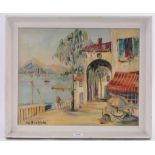 Ira Englefield, oil on canvas, Mediterranean harbour scene, signed, 16" x 20", framed.