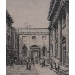 Francis Dodd, etching, London courtyard, signed in pencil, image 13" x 10.5", framed.
