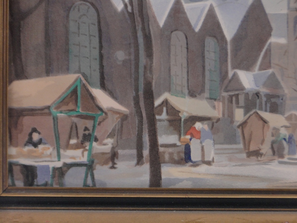 Early 20th century watercolour, stylised street market scene, unsigned, 13" x 10", framed. - Image 3 of 4