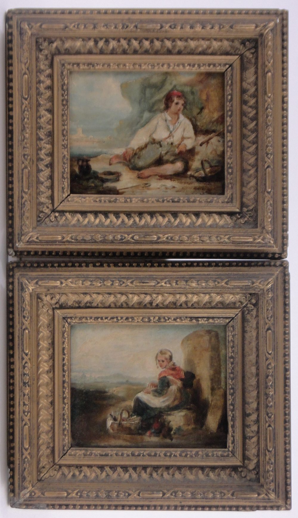 Pair of 19th century oils on card, studies of a country girl and boy, unsigned, 4.5" x 5.5", framed.