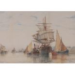 Frederick James Aldridge (1850-1933), watercolour, shipping on The Thames, signed, 14" x 21",