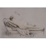 Charles Manciet (French 1874-1963), coloured drypoint etching, female nude on a chaise,