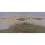 Jan Kagie, watercolour, marsh landscape, signed, 13" x 27", framed.