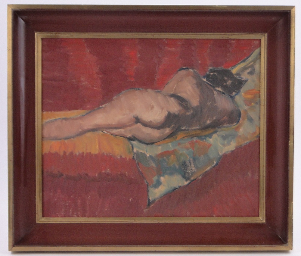 20th century oil on canvas, reclining nude, unsigned, 18" x 22", framed.