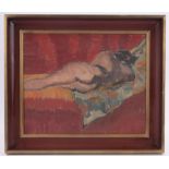 20th century oil on canvas, reclining nude, unsigned, 18" x 22", framed.