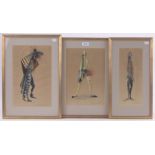 Richard Baker, 3 watercolour theatrical costume designs, signed, 13" x 9", framed, (3).