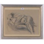 Early 20th century charcoal drawing, reclining nude, unsigned, 13.5" x 18.5", framed.