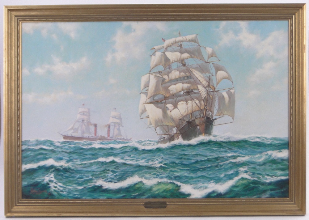 Rodney Charman (born 1944), marine oil on canvas, The Ariel and The Post ship Scotia circa 1876,