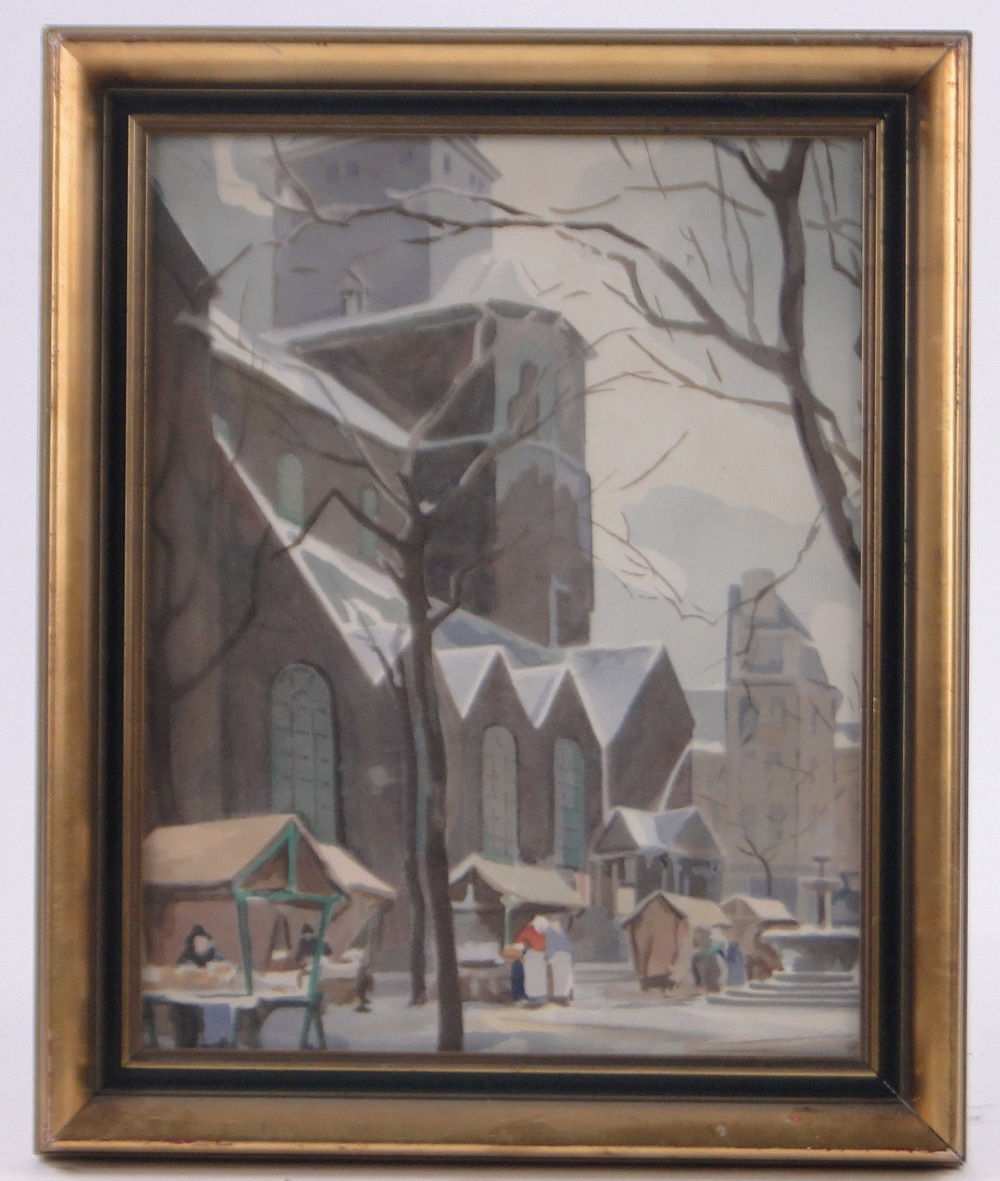 Early 20th century watercolour, stylised street market scene, unsigned, 13" x 10", framed.