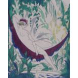 Robert Bonfils, pochoir, Lady in Hammock 1919, no. 422/450, image 7" x 5.5", framed.