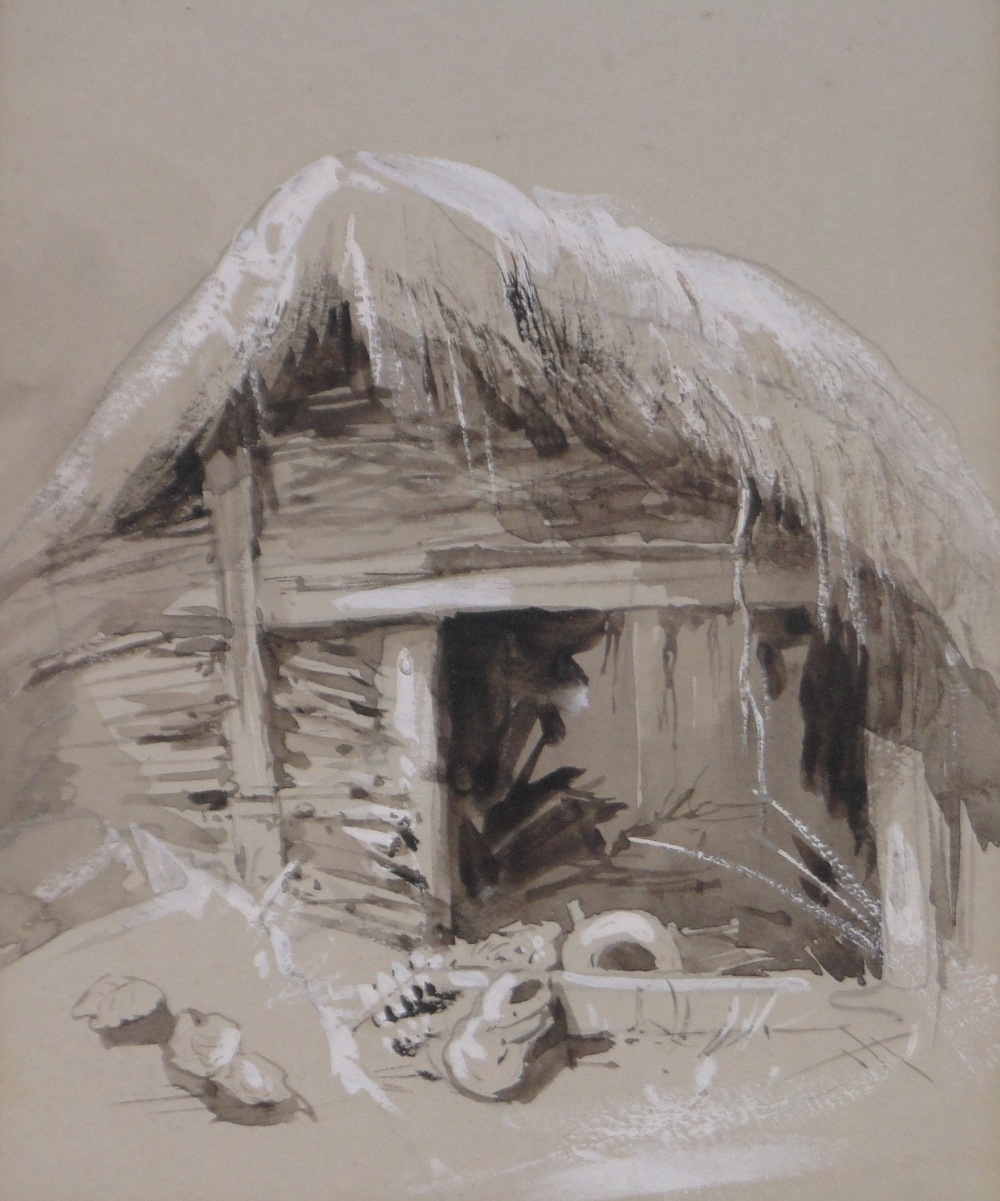 19th century monochrome watercolour, thatched farm building, signed with monogram, 6.