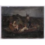 18th century oil on canvas, classical figures in a boat, unsigned, 18" x 24", unframed.