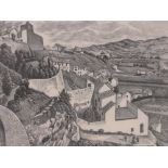 Guy Malet (1900-1973), wood engraving, continental landscape 1932, image 8" x 11", framed.