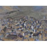 P S Clough, gouache, extensive view over Hastings, signed, 20" x 27", framed.