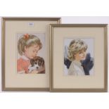 2 Watercolour illustrations, portrait studies, signed with monogram, largest 10.