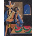 C Orezco Romero, gouache, South American family, signed, 16" x 11.5", framed.