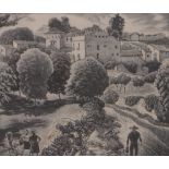 Guy Malet (1900-1973), wood engraving, continental scene 1933, image 7" x 8", framed.