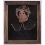 19th century English School, oil on canvas, portrait of a woman wearing a bonnet, unsigned,