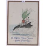 Sydney Conrad Strube (1890-1956), watercolour cartoon, self portrait riding a dolphin,