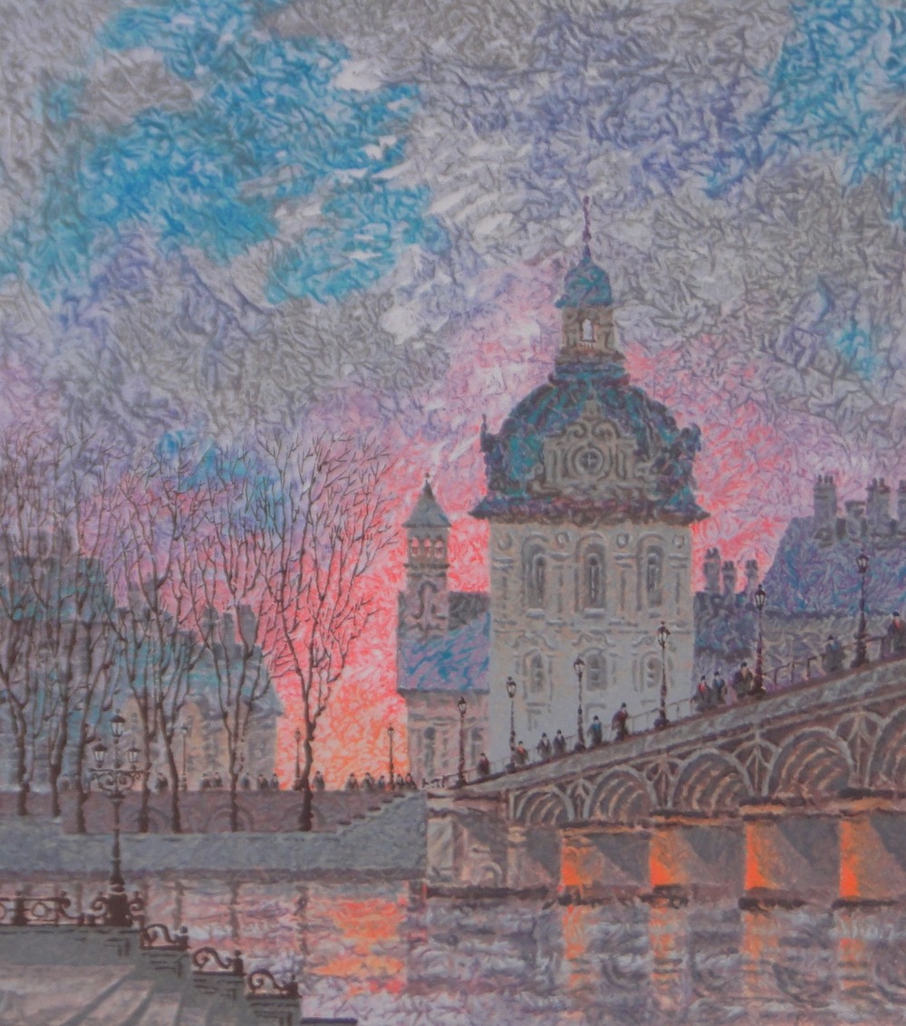 Anatole Krasnyansky (born 1930), coloured serigraph print, continental sunset city scene,