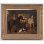 Manner of J F Herring senior, oil on wood panel, animals in the farmyard, 14" x 18", framed.