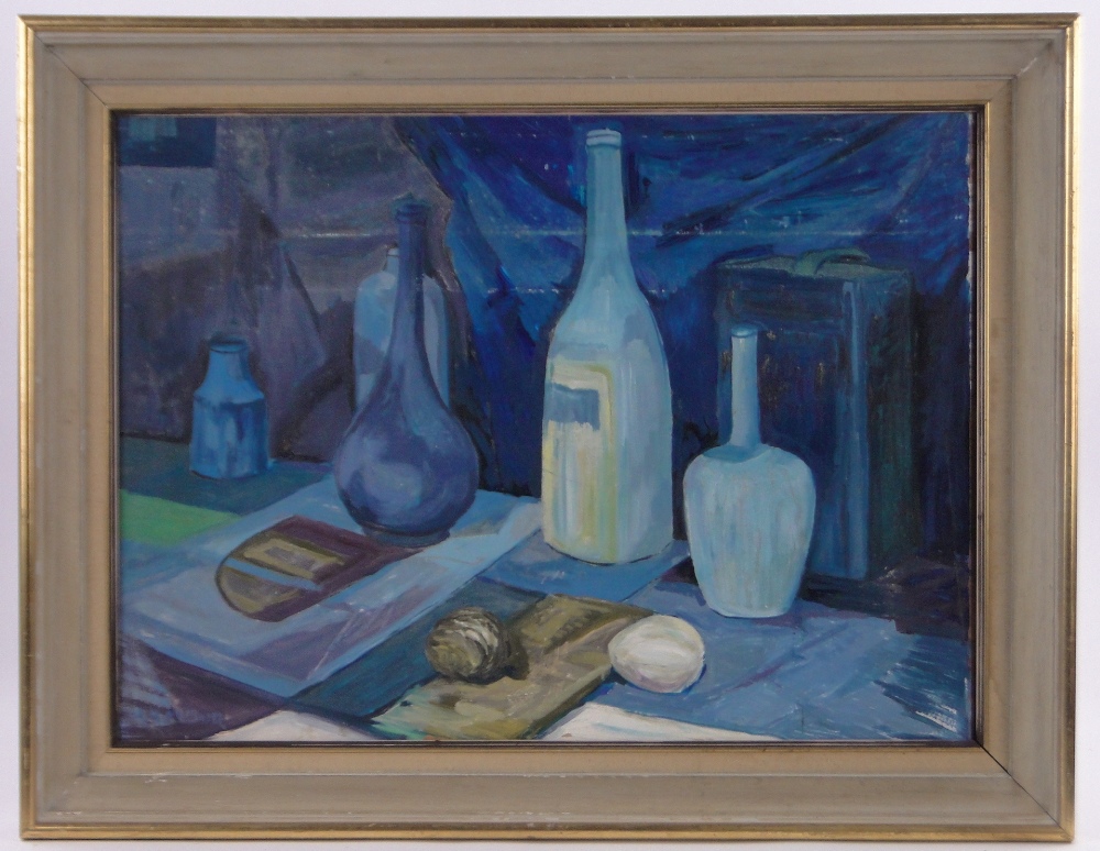 W Armour, mid 20th century oil on board, blue still life, signed, 21.5" x 29.5", framed.