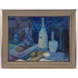 W Armour, mid 20th century oil on board, blue still life, signed, 21.5" x 29.5", framed.