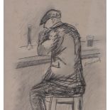 Cornish charcoal drawing, man in a pub, signed, 9" x 8", framed.