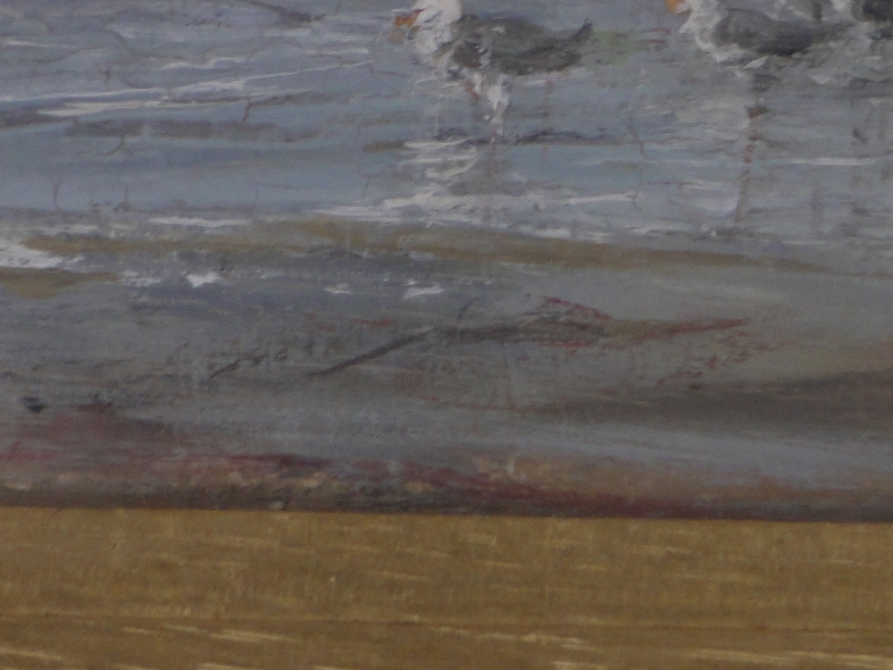 Early 20th century oil on board, gulls on the shore, unsigned, 7" x 11", framed. - Image 3 of 4