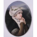 A 19th century painting on a porcelain plaque, portrait of a young woman, unsigned, inscribed verso,