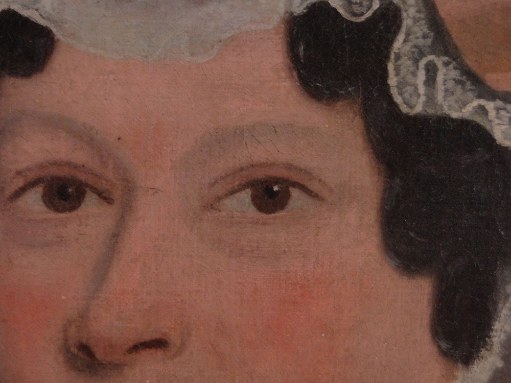 19th century English School, oil on canvas, portrait of a woman wearing a bonnet, unsigned, - Image 3 of 4