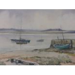 Madeline Pothecary, watercolour, Ramsholt jetty, signed, 11" x 14.5", framed.