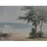 19th century watercolour, extensive colonial harbour scene with shipping,