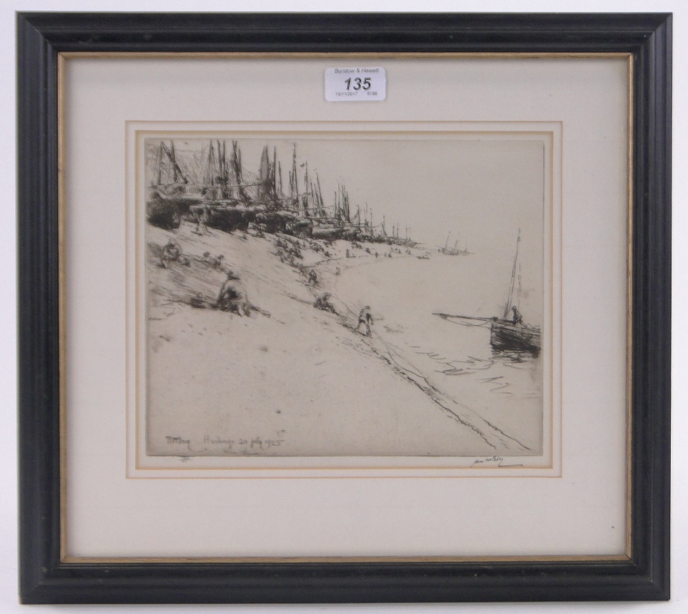 James McBey, etching, Hastings 20th July 1925, signed in pen, plate size 8" x 10", framed. - Image 2 of 4