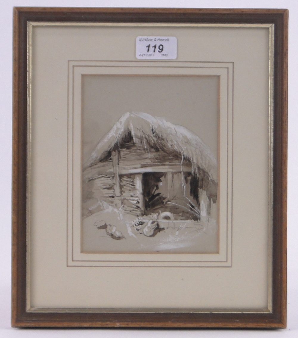 19th century monochrome watercolour, thatched farm building, signed with monogram, 6. - Image 2 of 4