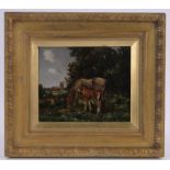 Early 20th century English School, oil on board, horse and foal in a landscape, indistinctly signed,