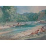 Robert Bunkin, watercolour, naked bathers at the river, signed, 10" x 14.5", framed.