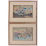 Pair of Japanese colour woodblock prints, exotic birds in landscapes, 9" x 14", framed.