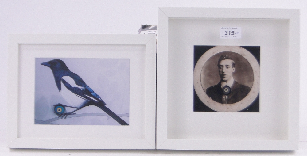 Eliza Benge, 2 photographic compositions, blue bead, framed, (2).