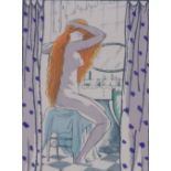 Robert Bonfils, pochoir, girl at mirror 1919, no. 422/450, image 7.5" x 5", framed.