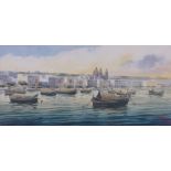 A M Galea, gouache, harbour scene at Malta, signed and dated 1982, 7" x 14", framed.