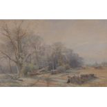 English School, 19th century watercolour, woodcutters at the edge of the field, unsigned, 14" x 22",