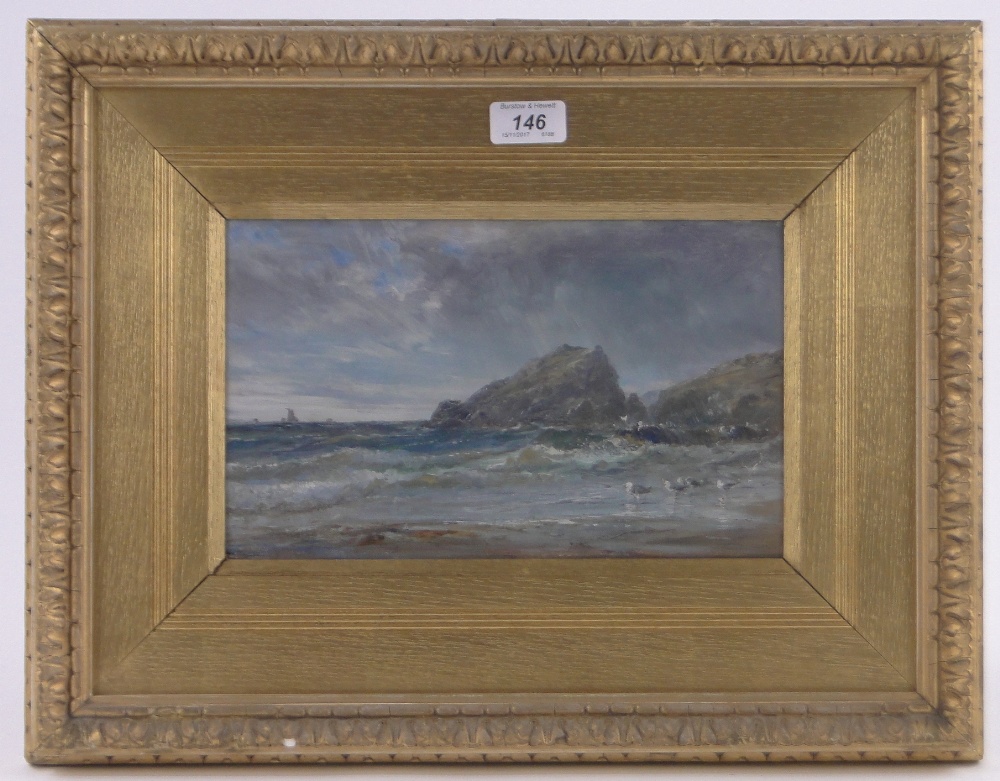 Early 20th century oil on board, gulls on the shore, unsigned, 7" x 11", framed.