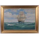 William J Popham, highly detailed oil on canvas, clipper ship at sea, signed, 23.5" x 36", framed.