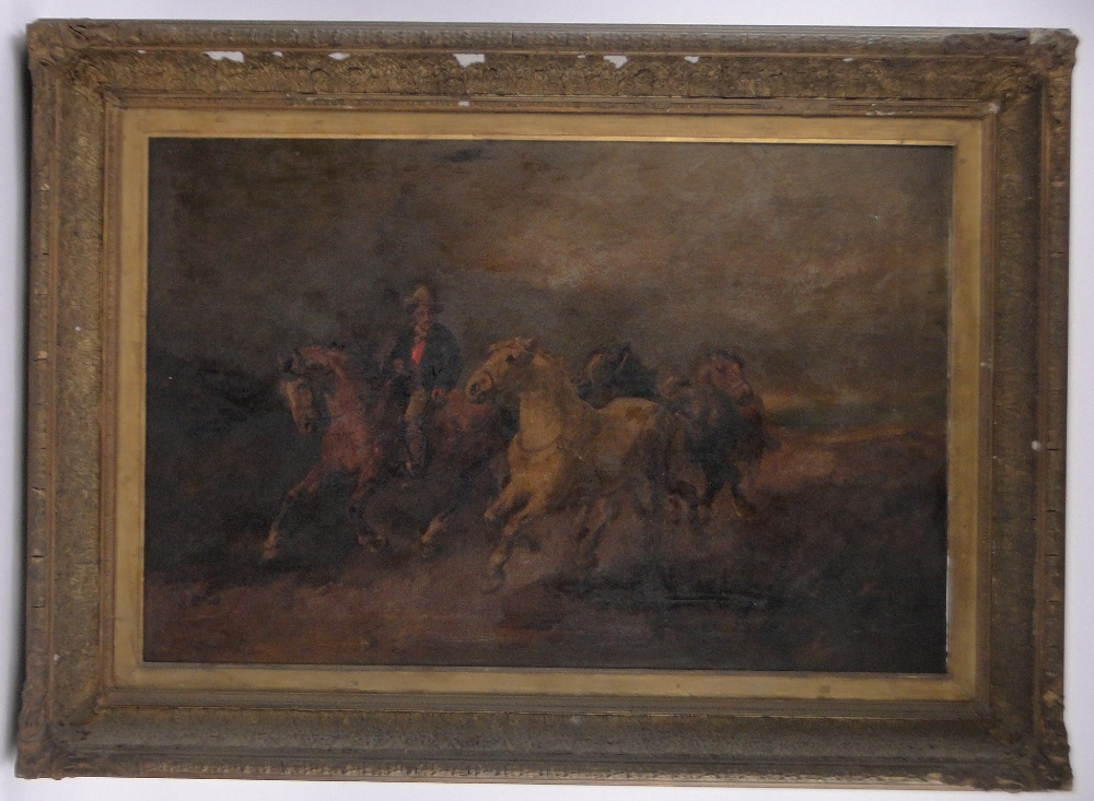 19th century oil on canvas, Off To The Horse Fair, indistinctly signed, 24" x 36", framed.