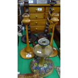 Pair of open barleytwist candlesticks, a pair of treen candlesticks, etc.