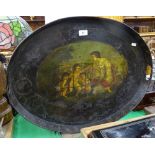 Large oval Toleware tray painted with cherubs in playpen